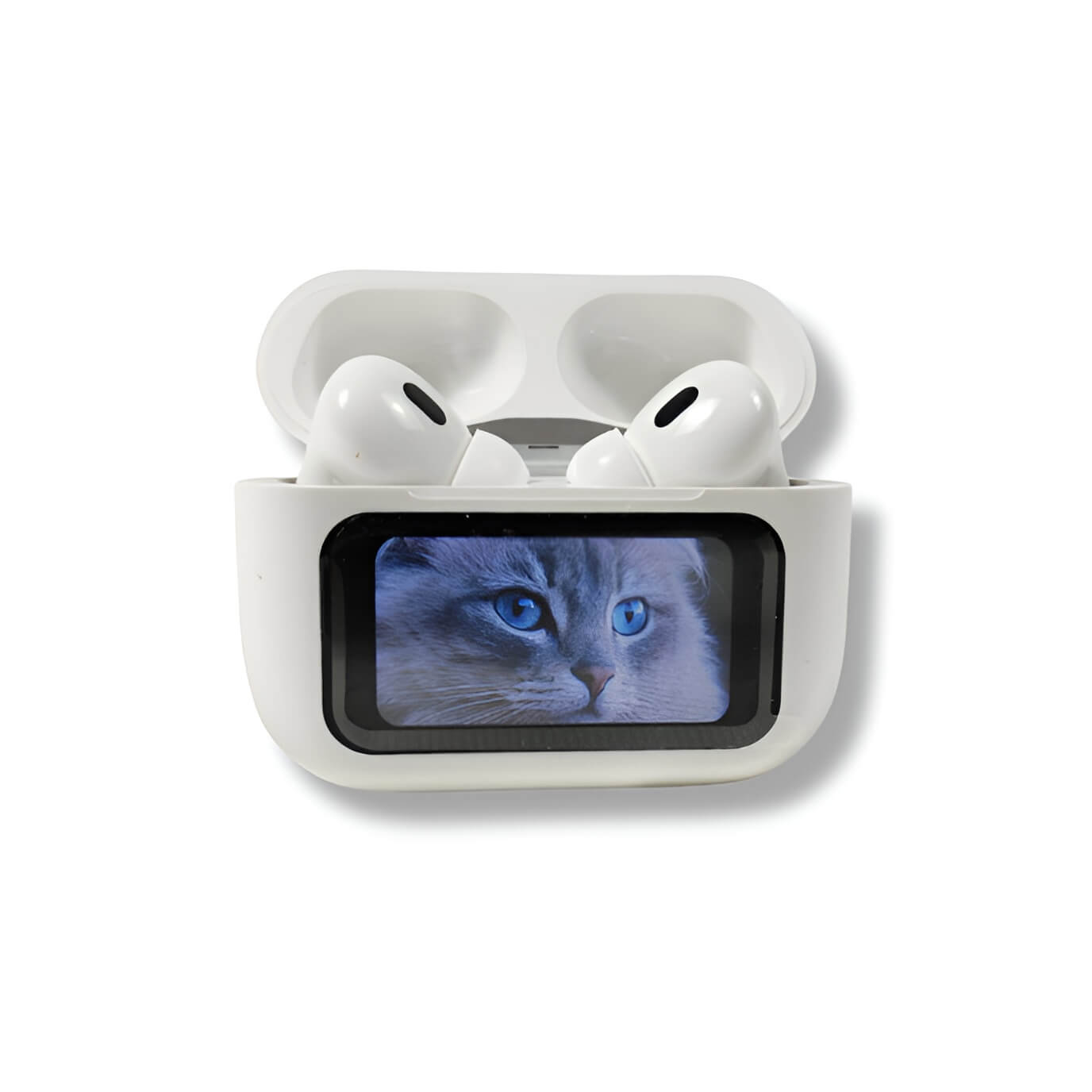 A9 Pro AirPods front view with built-in screen display and active noise cancellation.
